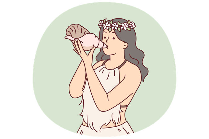 Mulher polinésia que vive na ilha Cook usa concha em vez de instrumento musical  Ilustração
