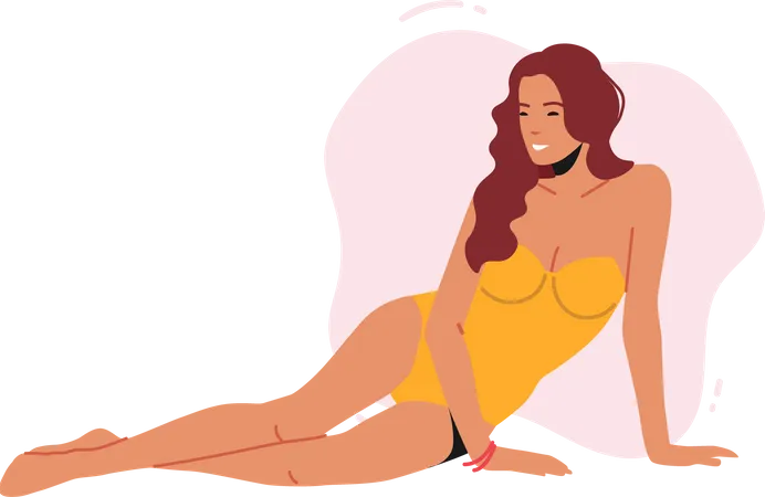 Mulher Posando Em Maio Amarelo De Uma Peca Jovem Personagem Feminina Usa Maio Sexy Sentada Na Praia Garota Caucasiana Magra De Cabelos Castanhos Isolada Em Fundo Branco Ilustra O Vetorial De Pessoas Dos Desenhos Animados Ilustração