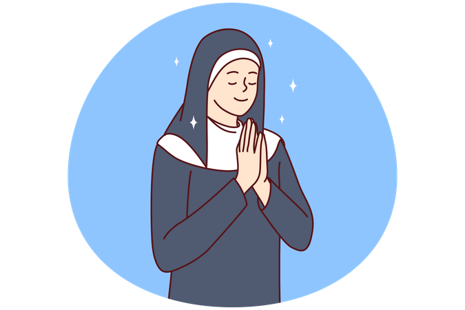 Mulher positiva com roupas de freira católica fechando os olhos rezando e se voltando para Deus  Ilustração