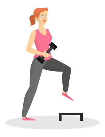 Mulher fazendo exercícios esportivos usando halteres e step  Ilustração