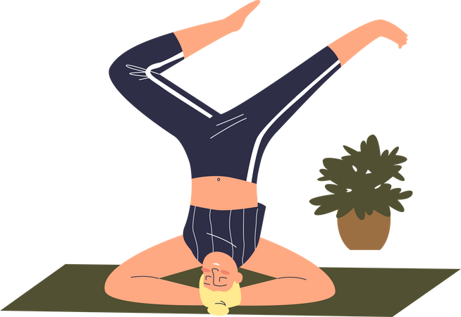Mulher praticando pose de ioga de cabeça para baixo  Ilustração