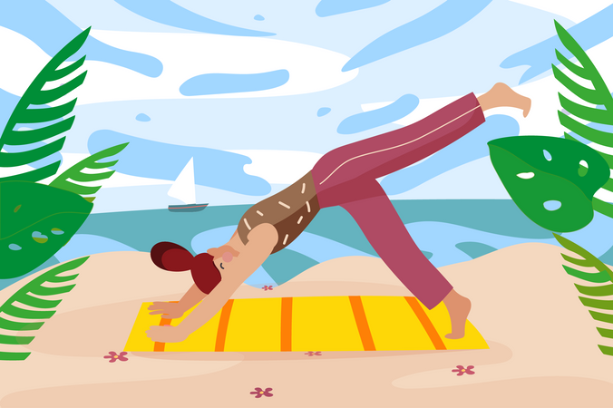 Mulher praticando ioga no litoral  Ilustração