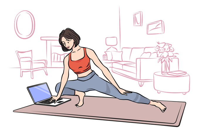 Mulher praticando ioga em tutorial on-line  Ilustração