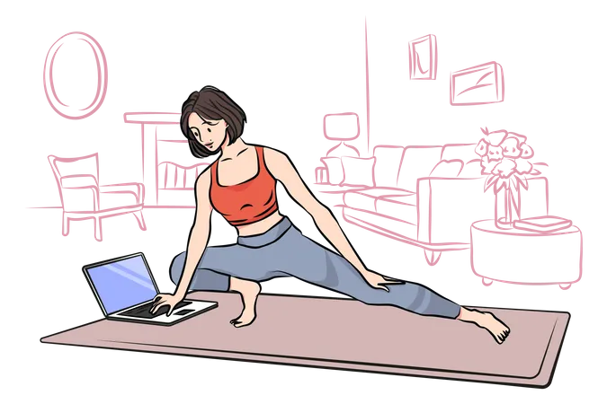 Mulher praticando ioga em tutorial on-line  Ilustração