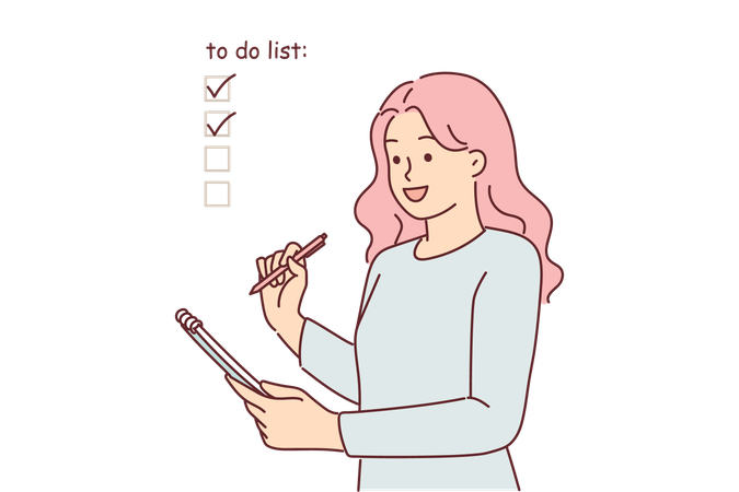Mulher preenche lista de verificação no caderno  Ilustração