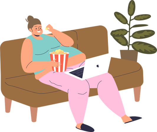 Mulher preguiçosa comendo pipoca enquanto assiste filme  Ilustração