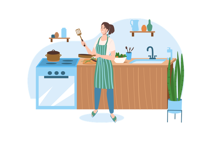 Mulher prepara o jantar em uma cozinha aconchegante  Ilustração