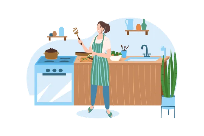 Mulher prepara o jantar em uma cozinha aconchegante  Ilustração