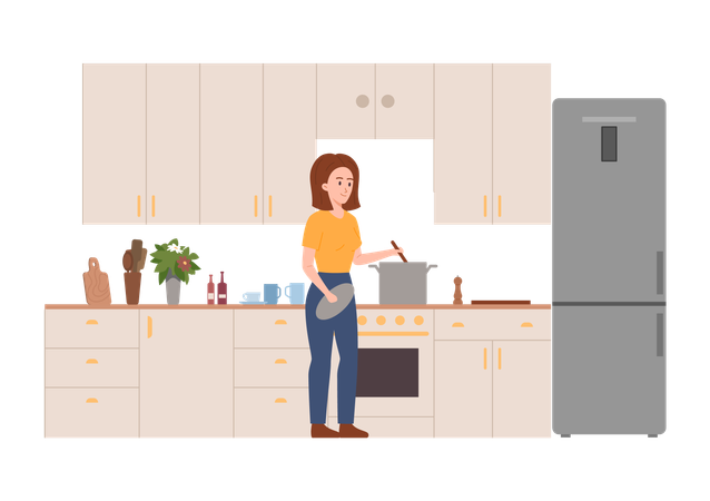 Mulher preparando sopa no fogão, pessoas se divertindo cozinhando na cozinha  Ilustração