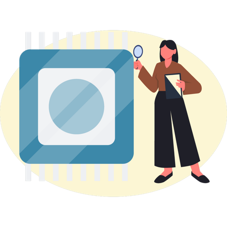 Mulher pesquisando em chip de processo  Ilustração