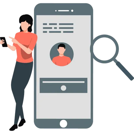 Mulher procurando perfil no celular  Ilustração