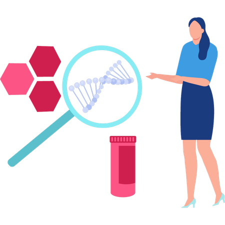 Mulher procurando molécula de DNA  Ilustração