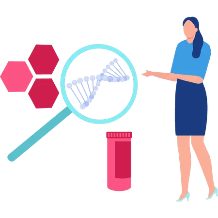 Mulher procurando molécula de DNA  Ilustração
