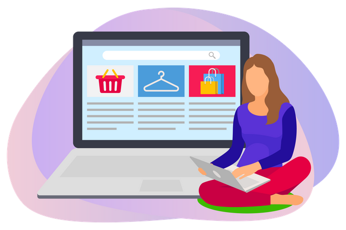 Mulher pesquisando produtos no site de compras online  Ilustração