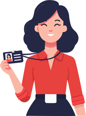 Mulher profissional alegre, vestindo uma camisa vermelha, segurando seu crachá de identificação ou cartão de acesso.  Ilustração