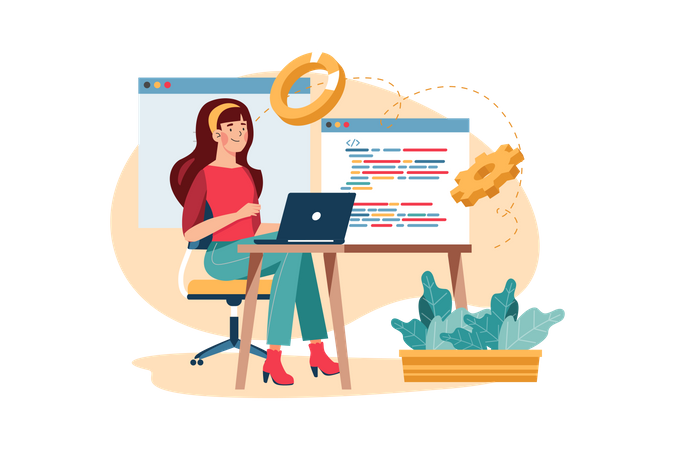 Mulher programando no laptop  Ilustração