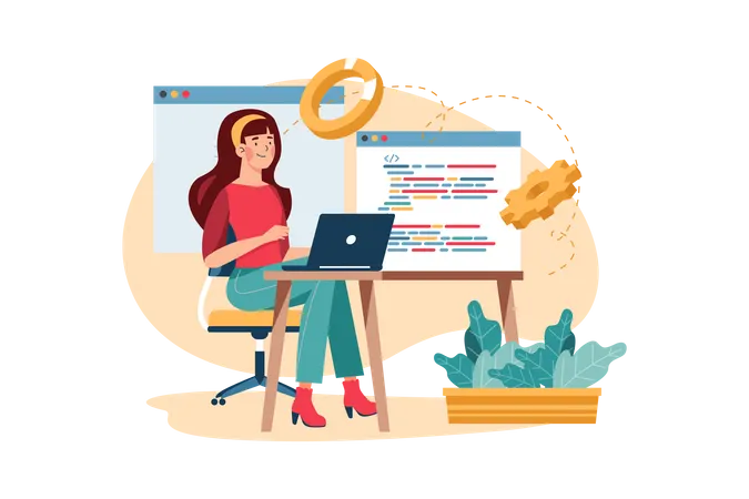 Mulher programando no laptop  Ilustração