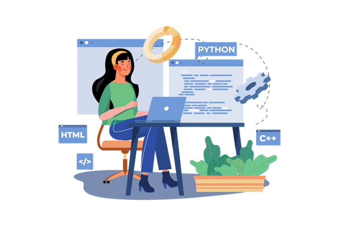 Mulher programando no laptop  Ilustração