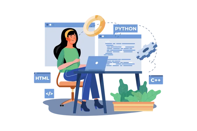 Mulher programando no laptop  Ilustração