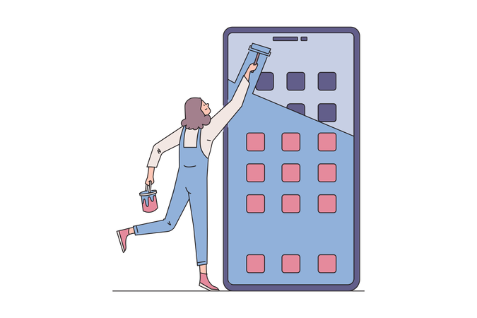 Mulher projetando interface de usuário móvel  Ilustração