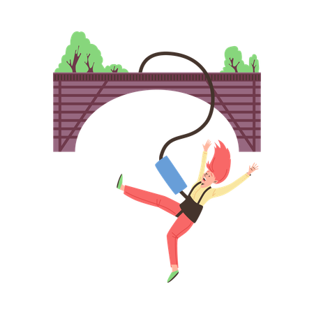 Mulher pulando de bungee jump de ponte  Ilustração