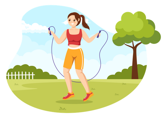 Mulher pulando corda em casa  Ilustração