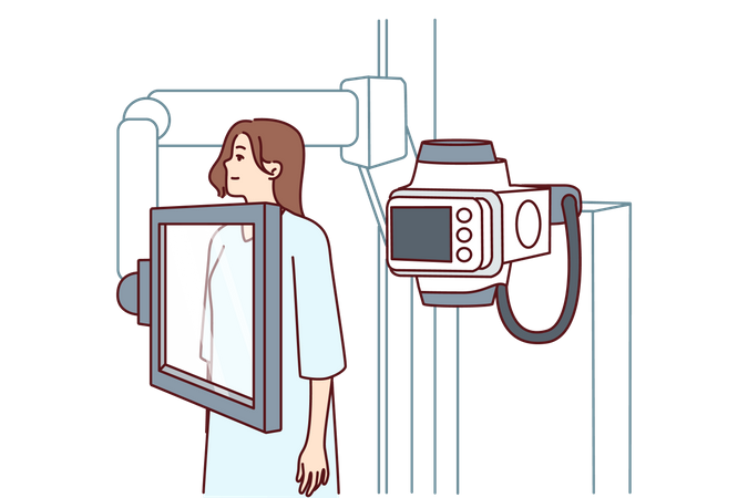 Mulher que sofre de câncer fica perto de máquina de raio X para diagnosticar doenças  Ilustração