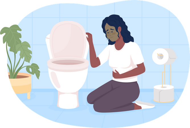 Mulher que sofre de náusea no banheiro  Ilustração