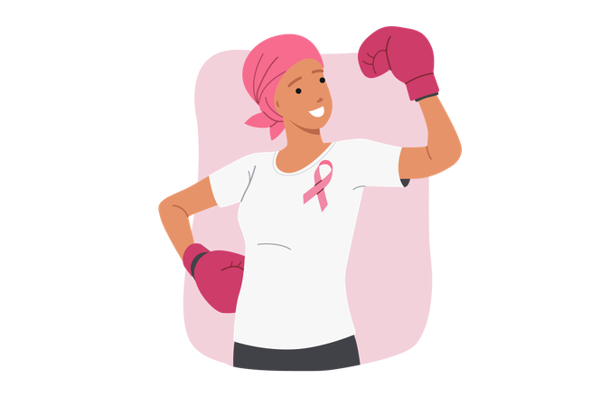 Mulher que venceu o câncer com fita rosa  Ilustração