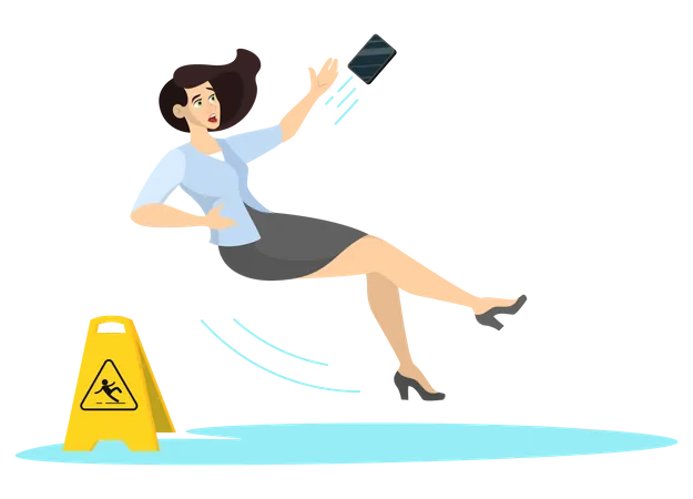 Mulher cai devido ao chão molhado  Ilustração