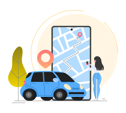 Mulher rastreando táxi pelo aplicativo  Ilustração