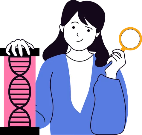 Mulher realizando pesquisa sobre DNA  Ilustração