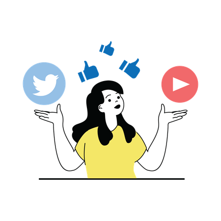 Mulher recebendo feedback nas redes sociais  Ilustração