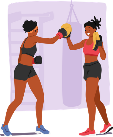 Mulher recebendo orientação personalizada e apoio de um treinador pessoal durante o treinamento de boxe  Ilustração