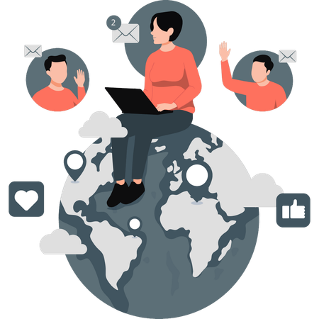 Mulher recebendo solicitações e avaliações de diferentes países do mundo  Illustration