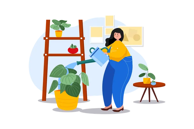 Mulher regando planta de casa  Ilustração