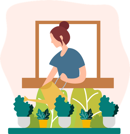 Mulher regando plantas  Ilustração