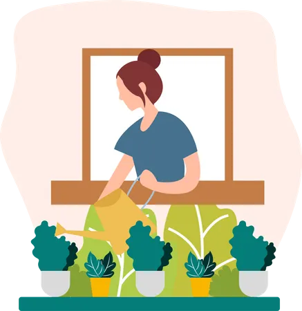 Mulher regando plantas  Ilustração