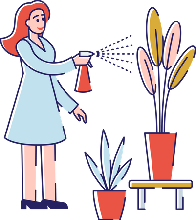 Mulher regando plantas borrifando água  Ilustração