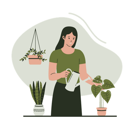Mulher regando plantas em vasos  Ilustração