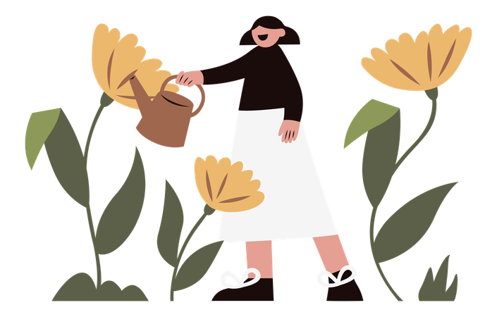 Mulher regando plantas no jardim  Ilustração