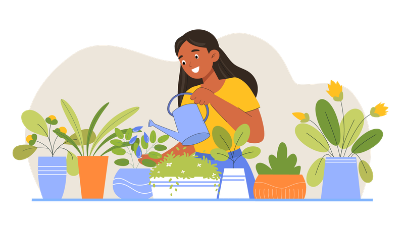 Mulher regando suas plantas de interior  Ilustração