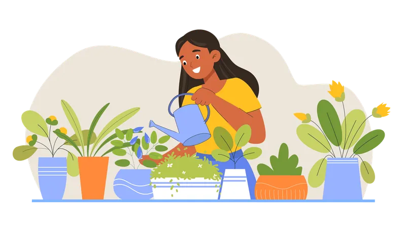 Mulher regando suas plantas de interior  Ilustração