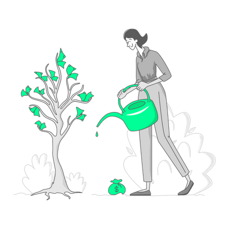 Mulher regando uma árvore de dinheiro  Ilustração