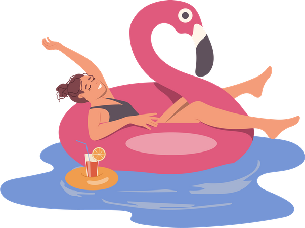 Mulher relaxada flutuando em um anel de cisne de borracha bebendo coquetel enquanto descansa na piscina  Ilustração