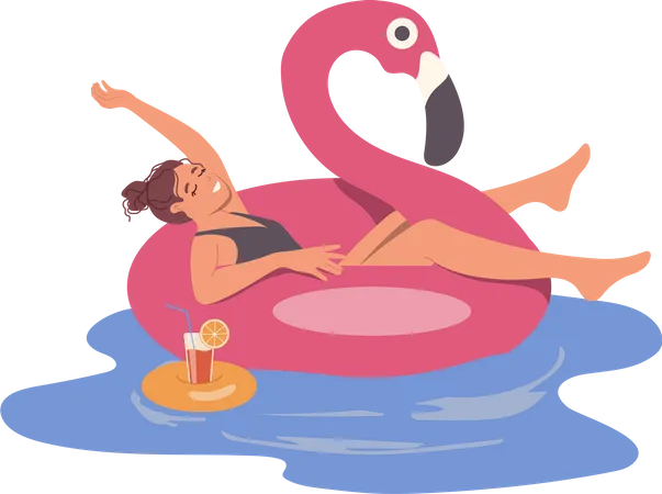 Mulher relaxada flutuando em um anel de cisne de borracha bebendo coquetel enquanto descansa na piscina  Ilustração