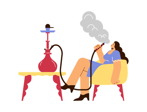 Mulher relaxando com narguilé em uma aconchegante área interna  Ilustração