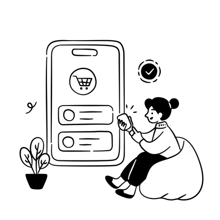 Mulher relaxando e fazendo compras online no aplicativo móvel  Ilustração