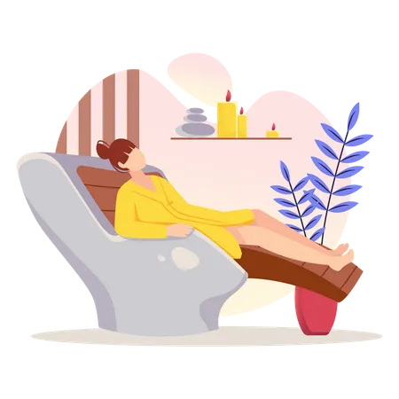 Mulher relaxando e recebendo tratamentos de cuidados  Ilustração