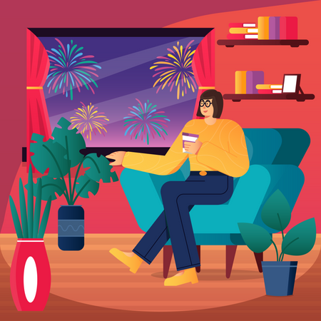 Mulher relaxando em casa durante a celebração do ano novo  Ilustração